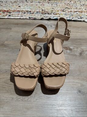 Sun + Stone Braided Strap Tan Ankle-Buckle Sandals